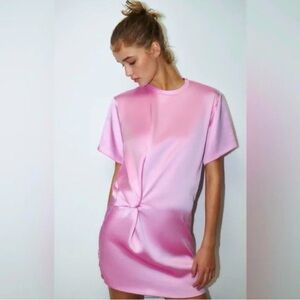 Zara Pink Satin Tee Shirt Dress with Ruche Detailing